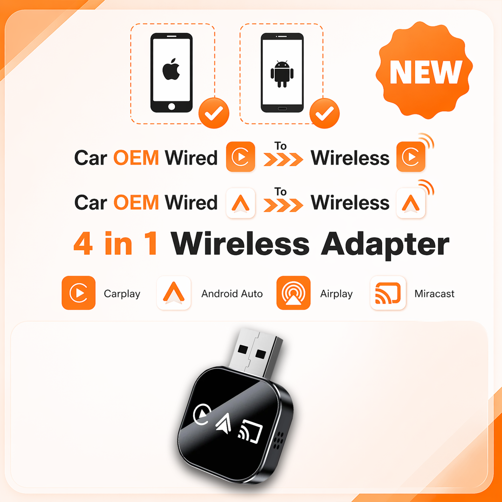 2026 Wireless CarPlay & Android Adapter – Plug & Play, No App Needed